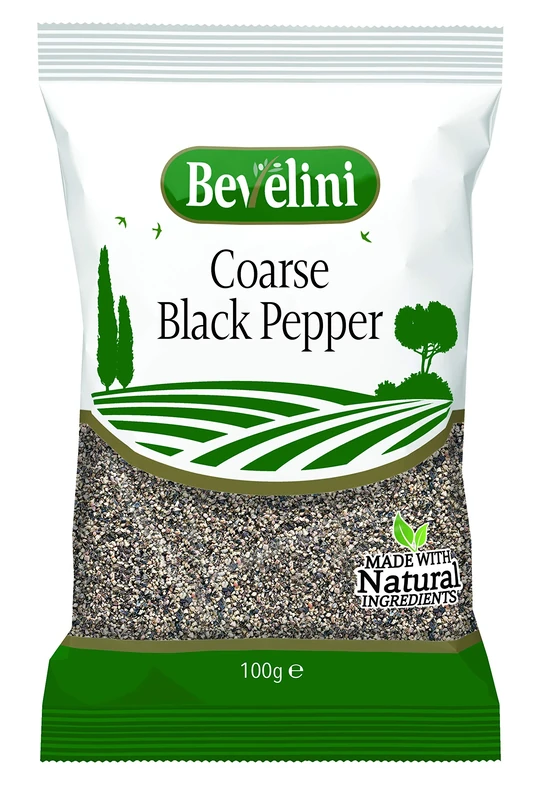 Bevelini Coarse Black Pepper 100g - Crushed Black Peppercorns for Cooking, Marinades, Curries & Seasoning - Aromatic Coarse Grind - 100% Pure, Natural, Vegan-Friendly Spice