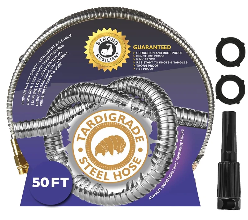 Tardigrade Steel Hose Metal Garden Hose - Stainless Steel - Dog Chew Crush Proof, Flexible, Heavy Duty Aluminum, No Kink, Lightweight Lawn Water Hoses, Durable and Easy to Store, 50Ft