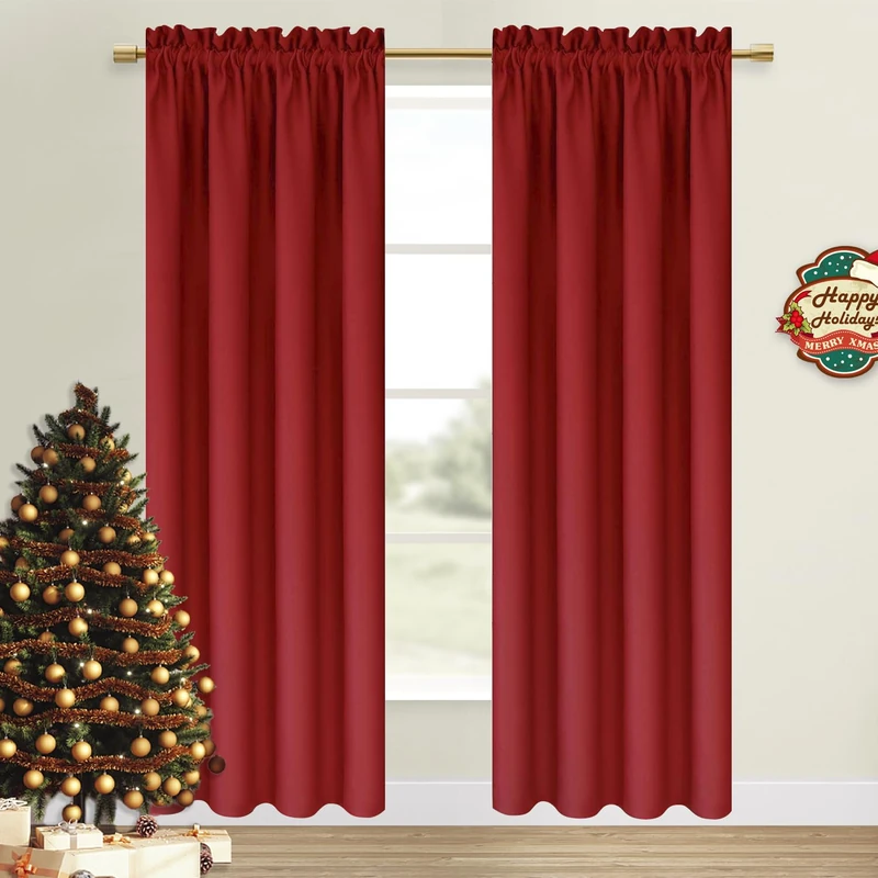 DWCN Christmas Blackout Curtains for Bedroom – Thermal Insulated Room Darkening Drapes for Living Room, Red, W 42 x L 84 Inch, Set of 2 Rod Pocket Curtain Panels