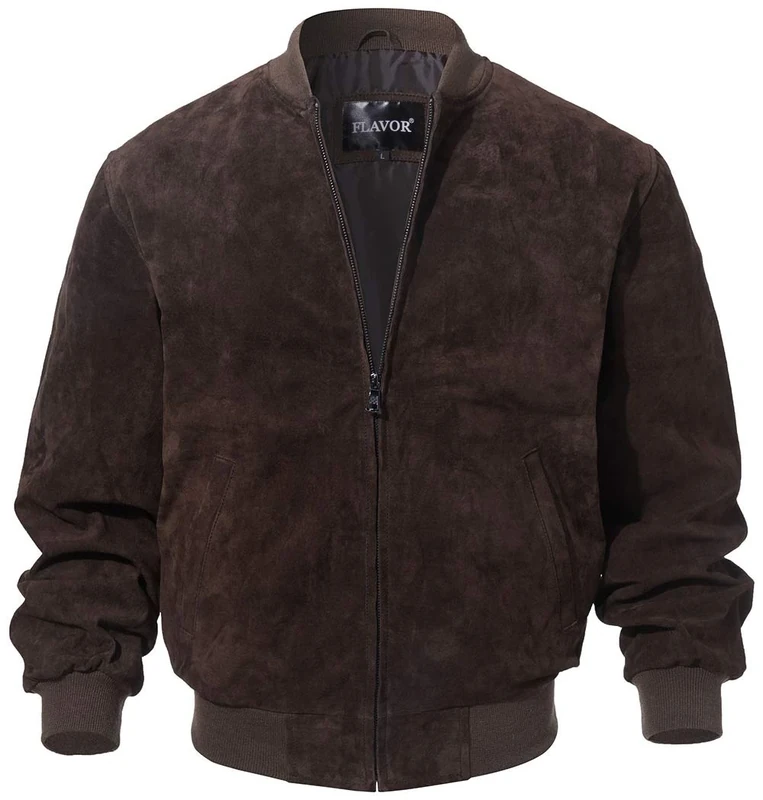 FLAVOR Men's Leather Baseball Jacket Vintage Suede Pigskin (Medium, Dark Brown)