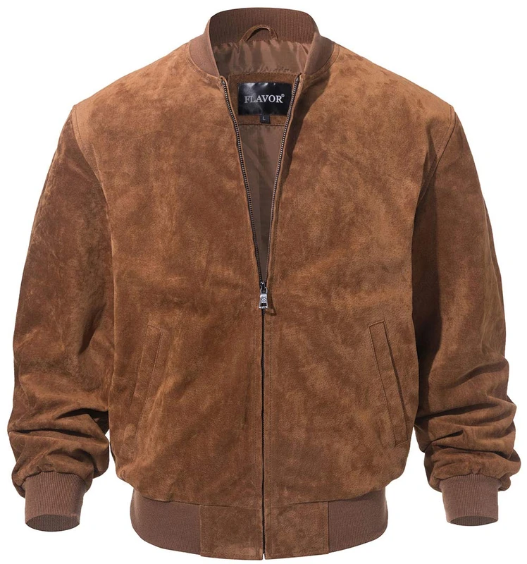 FLAVOR Men's Leather Baseball Jacket Vintage Suede Pigskin (Large, Brown)