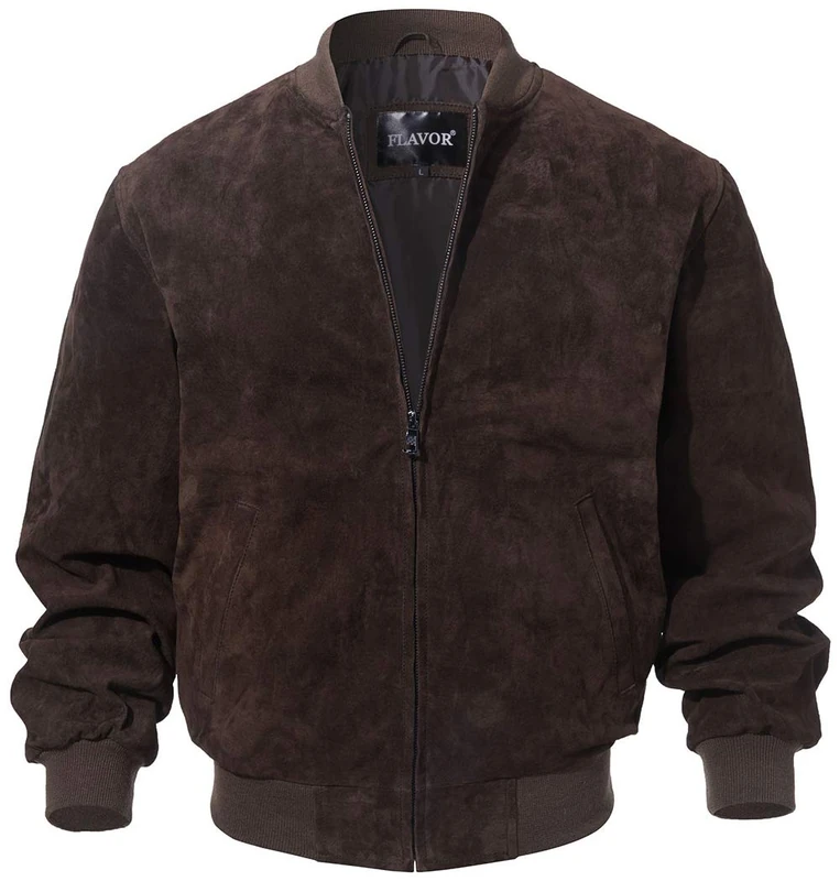 FLAVOR Men's Leather Baseball Jacket Vintage Suede Pigskin (Large, Dark Brown)