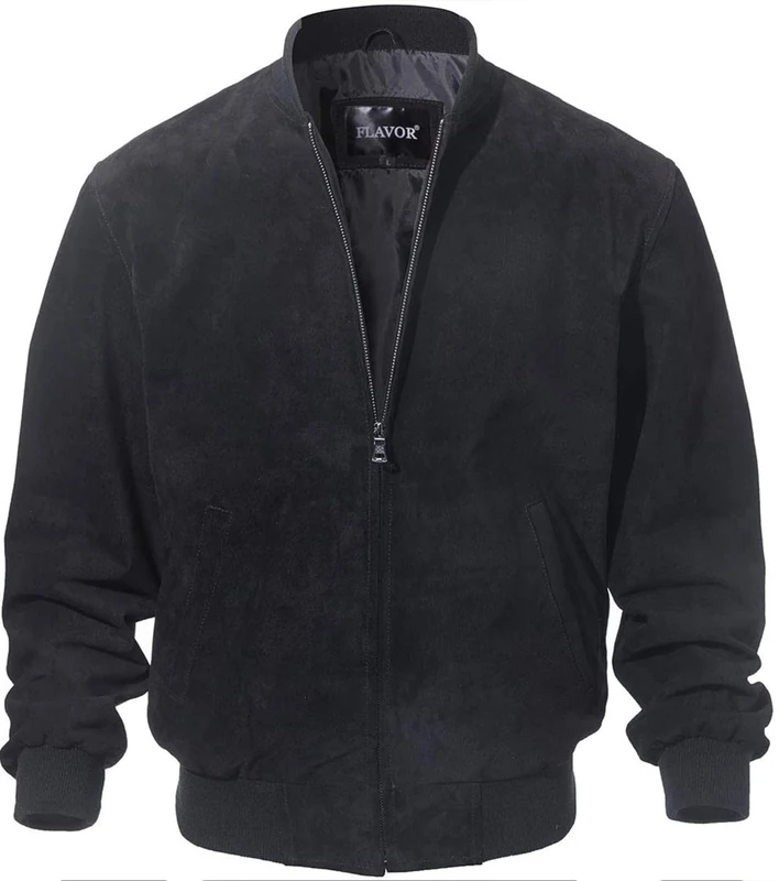 FLAVOR Men's Leather Baseball Jacket Vintage Suede Pigskin (Large, Black)