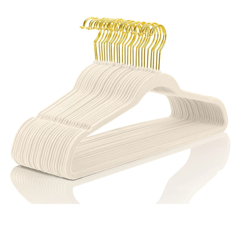 MIZGI Premium Velvet Hangers - Pack of 50, Non Slip, Slimline, Ivory with Gold Hooks, Space Saving Suit Hangers - Image 1
