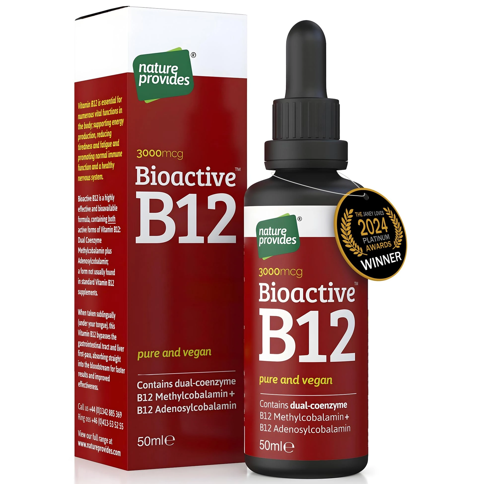 Vitamin B12 Liquid Drops (3000 mcg) Made in UK by Nature Provides - Methylcobalamin + Adenosylcobalamin (50ml), High Strength, Bioactive, Vegan, Energy & Sleep Support, Sublingual, Like B12 injections