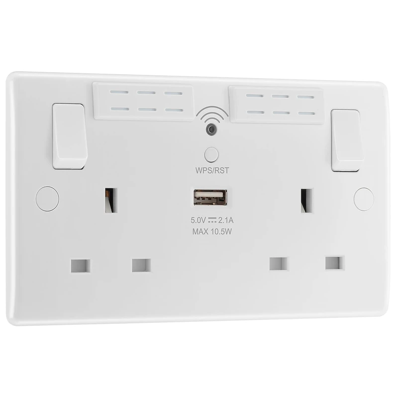 BG Electrical Double Switched Power Wall Plug Socket with Type A USB and Wi-Fi Extender, Round Edge, Nexus 800 Series, White Moulded, 13A, 822UWR