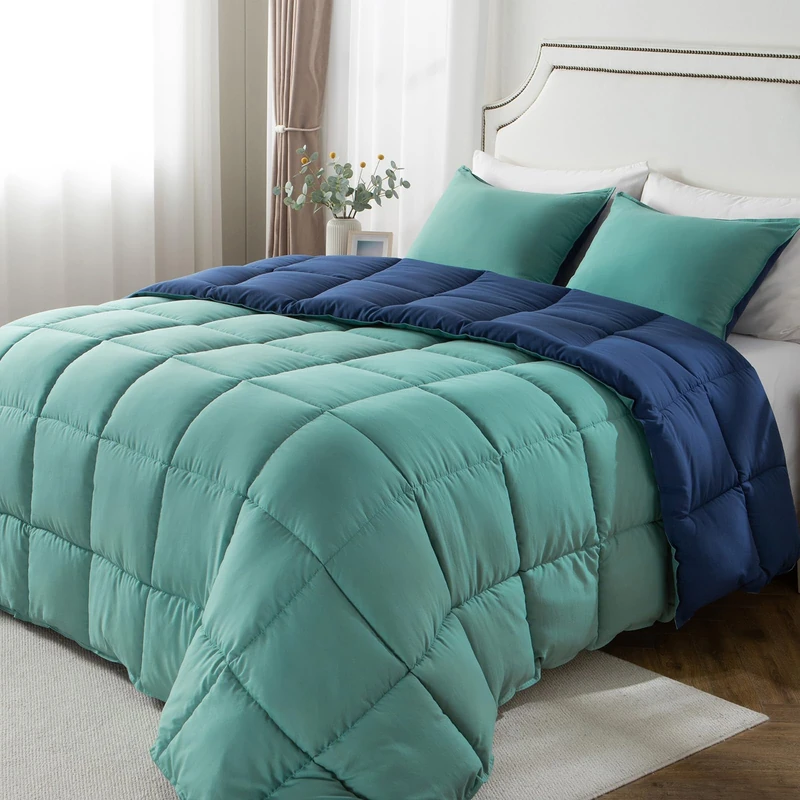 KASENTEX Non-Shrink Queen Size Comforter Set with 2 Shams – Down Alternative Duvet Insert with Corner Ties, Reversible, Lightweight, Ultra Soft, Machine Washable, All-Season (Turquoise Sea Green/Blue)