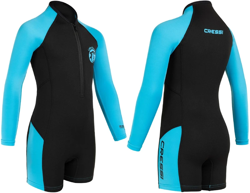 Cressi Neoprene Shorty Wetsuit - High-Stretch Comfort Kids Wetsuit - Short-Sleeve Design Mobility Neoprene Swimsuit - Kids Thermal Swimwear for Warmth - Black/Blue - 5/6 Years
