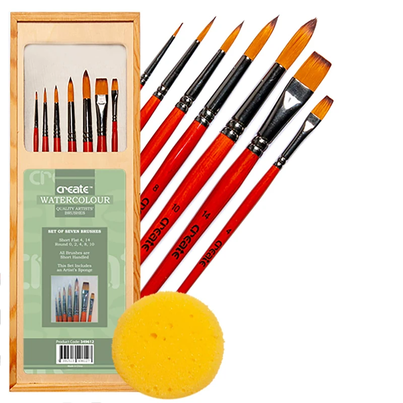 Create Quality Artists' Watercolour Brushes - 7 Piece Set Paint Brushes for Watercolor Painting with Wooden Storage Case - Image 1