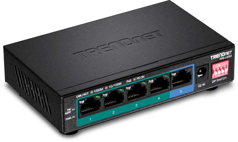 TRENDnet 5-Port Gigabit Long Range PoE+ Switch, TPE-LG50,4 x PoE+ Ports, 1 x Gigabit Port, Camera DIP Switch extends PoE+ 200 m (656 ft)