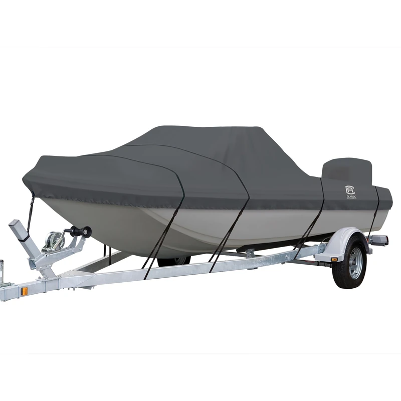 Classic Accessories StormPro Dark Grey Heavy-Duty Tri-Hull Outboard Boat Cover, 15' 6" - 16' 6" L x 86" W, Marine Grade Fabric, Water-Resistant, Fits V-Hull Runabouts OutBoards and I/O