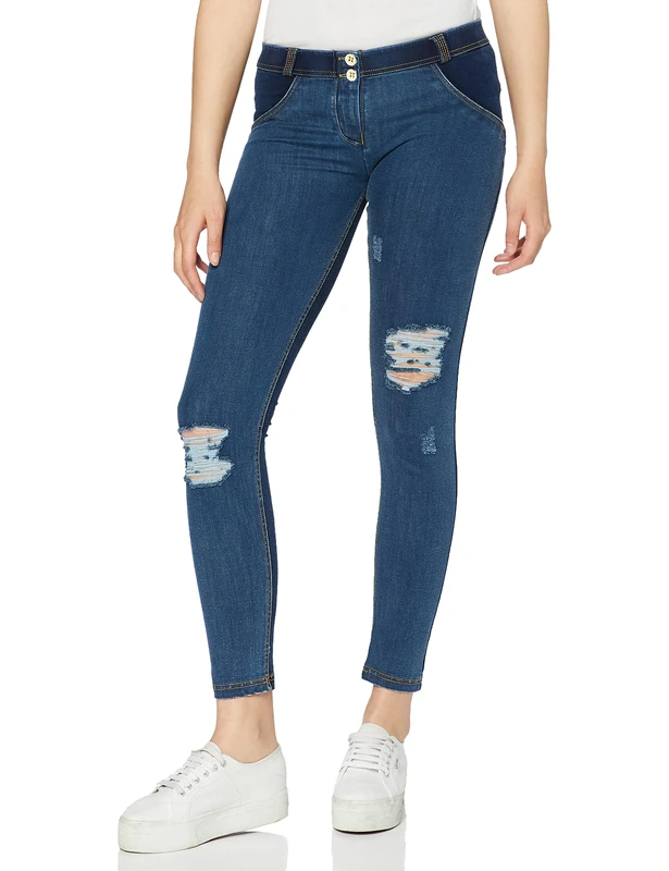 FREDDY WR.UP® Regular-Rise Skinny-fit Trousers in Denim-Effect Jersey - Dark Jeans-White Seams - Extra Small