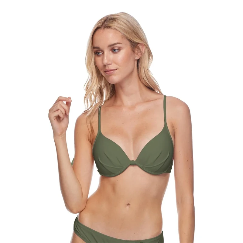 Body Glove Women's Smoothies Greta Solid Molded Cup Push Up Underwire Bikini Top Swimsuit, Cactus, Medium