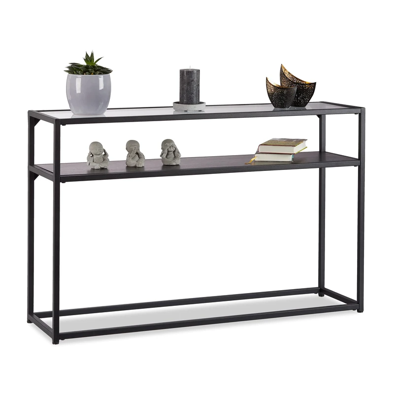 Relaxdays Glass Console Table, Transparent Tabletop, Metal Frame, Stand, 4-Legged, HxWxD: 70.5x110x30 cm, Black