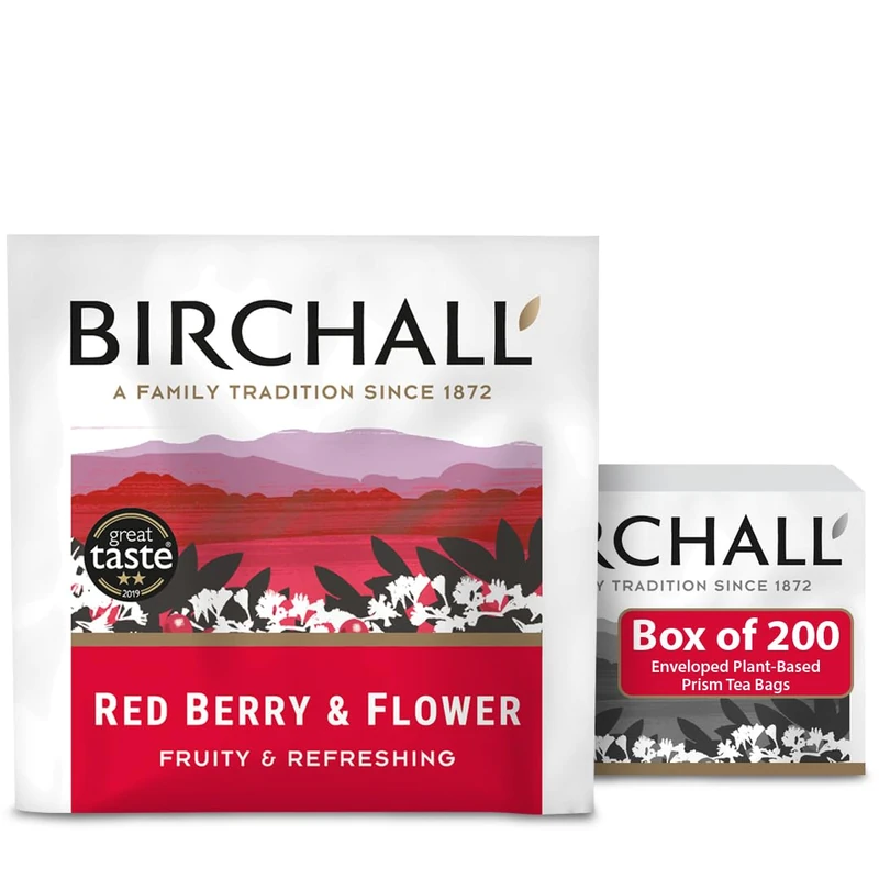 Birchall Tea Bags, Experience the Burst of Flavor with Red Berry & Flower Tea - A Refreshing and Antioxidant-Rich Tea, Box of 200 Enveloped Plant-Based Prism Tea Bags