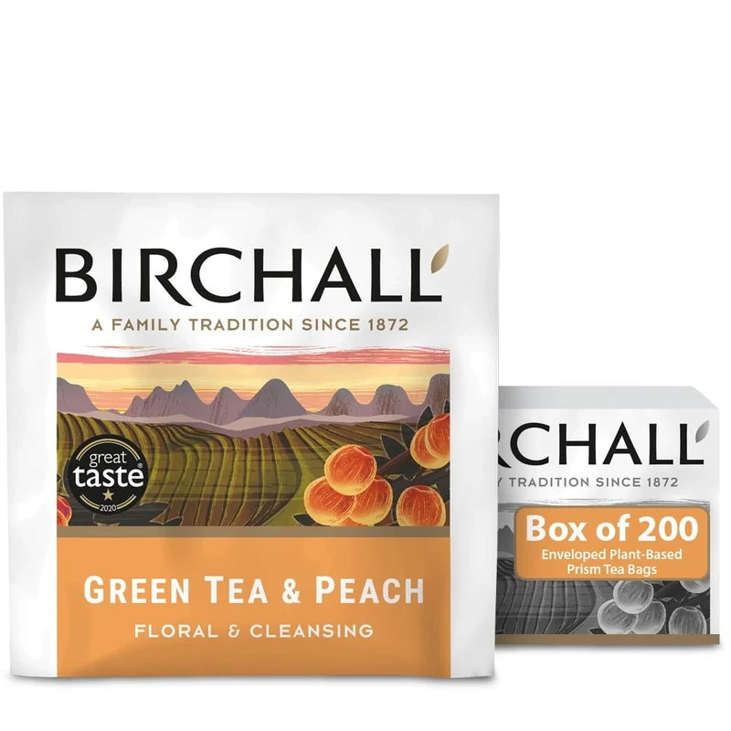 Birchall Green Tea & Peach Tea - Box of 200 Plant-Based Prism Teabags - A Perfect Combination of Antioxidants and Flavor