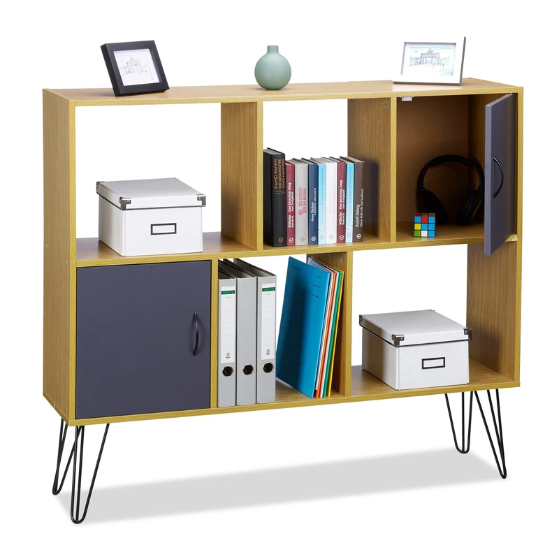 Relaxdays Brown Vintage Standing Shelf, 6 Tiers, Elegant Wooden Look, 2 Doors, Metal Legs, HWD: 103 x 120 x 30 cm