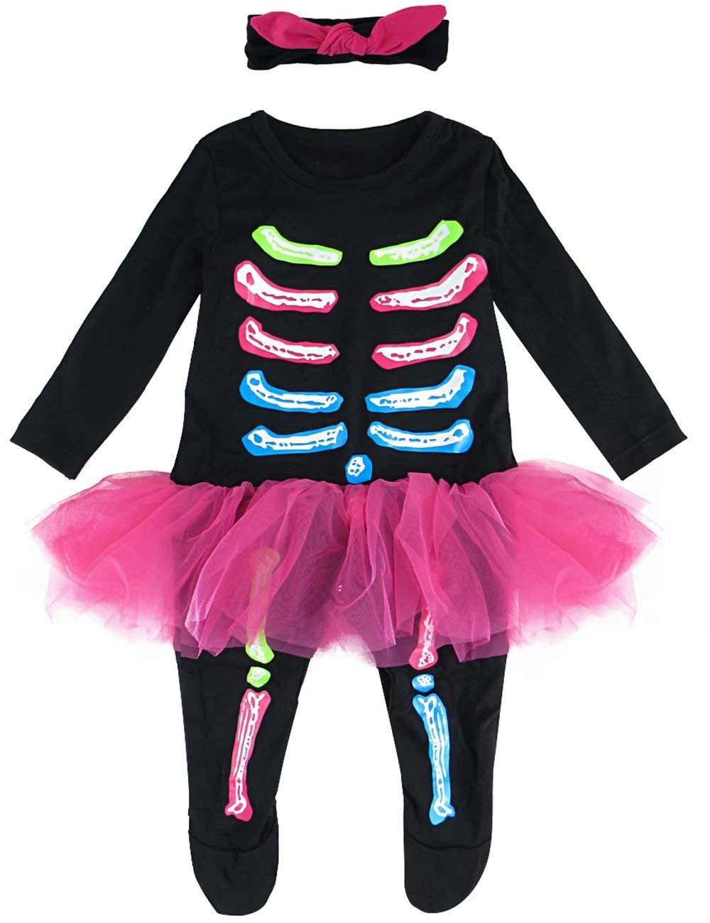 MOMBEBE COSLAND Baby Girls Skeleton Romper Halloween Costume, Black, 6-9 Months