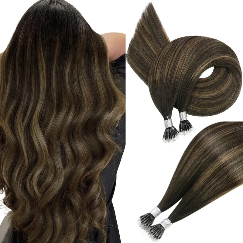Easyouth Nano Hair Extensions Human Hair Brown Hair Extension Nanoring Human Hair Balayage Darkest Brown to Light Brown Nano Loop Hair Extensions Pre Bonded 14 Inch 16 Inch 50g/50s #2/8/2