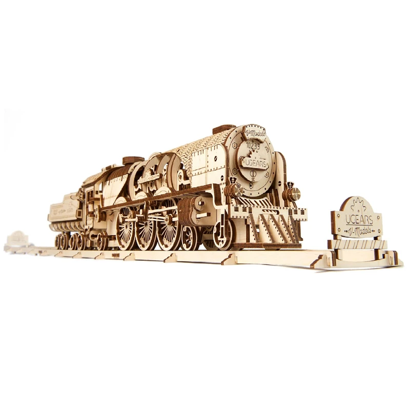 UGEARS V-Express Steam Train with Tender - 3D Wooden Puzzles For Adults DIY Train Set Model Kit - Mechanical 3D Puzzle Model Kits For Adults To Build - Advanced Level Building Set with Track - 538 Pcs - Image 1