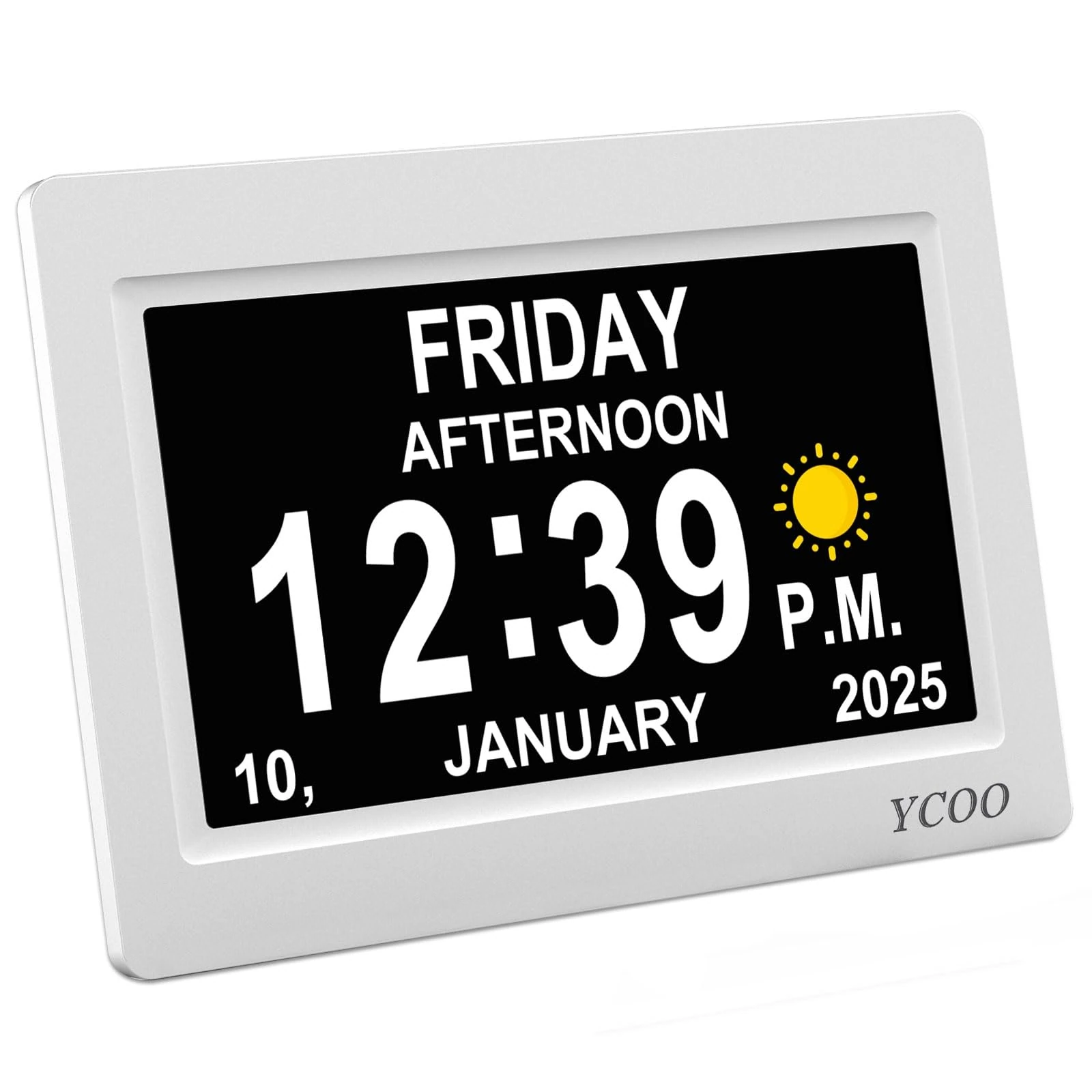 YCOO Dementia Clock, Day Date Digital Clock with Sun/Moon Icons, Large Clear Digital Display, Auto DST, 7 Display Modes, Wired Power Supply Clocks. (7 Inch White)