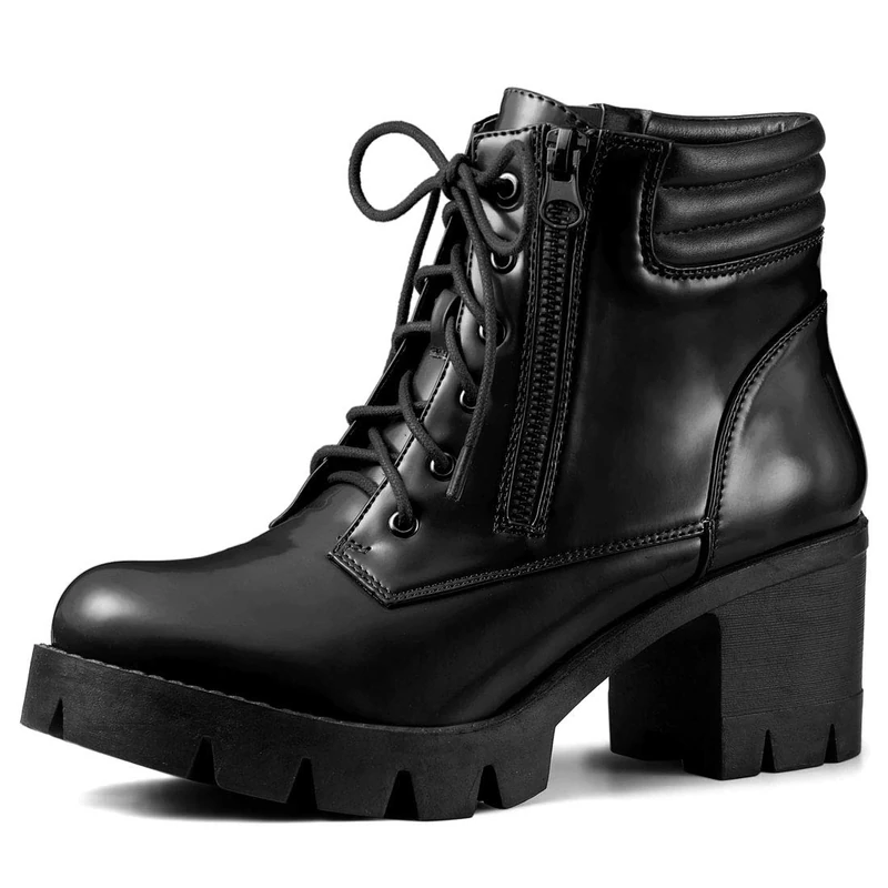 Allegra K Women's Round Toe Chunky Heel Lace Up Zipper Combat Boots Black 7 UK/Label Size 9.5 US
