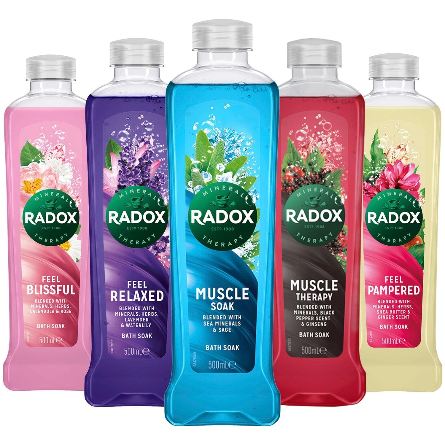 Radox Bath Soak Bubble Bath for Women - Mixed Pack of 10 Bottles (3 Muscle Soak, 1 Muscle Therapy, 2 Feel Relaxed, 2 Feel Blissful, 2 Feel Pampered) Enriched with Natural Extracts 500ml Each