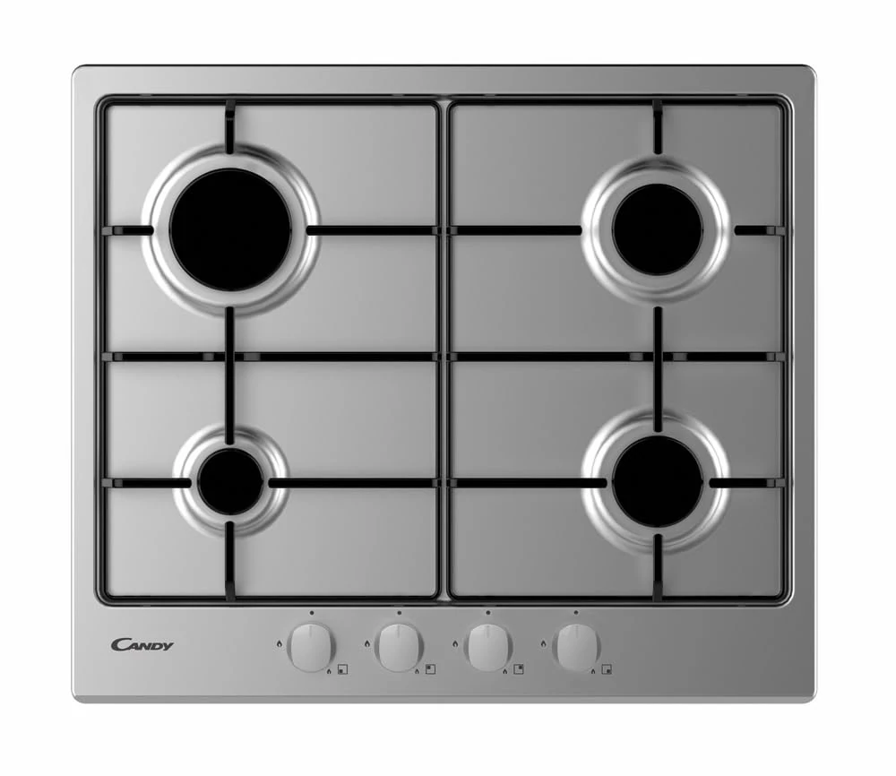 Candy 59cm Four Burner Gas Hob With Enamelled Pan Stands - Stainless Steel