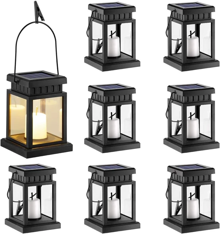 GIGALUMI Solar Hanging Lantern Outdoor, 8 Pack Solar Candle Lights with Stake for Garden,Patio , Lawn, Deck , Umbrella, Tent, Tree,Yard,Driveway(Warm White).