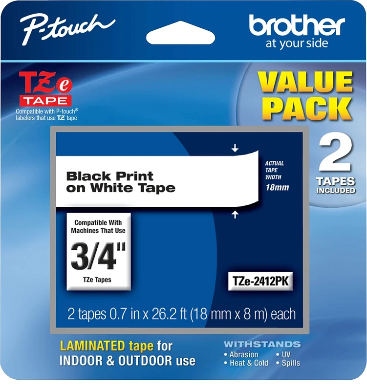 Brother Genuine, TZe2412PK, 2 Pack of Label Tape, Black Font On White Label, TZe241,Black on White - Image 1