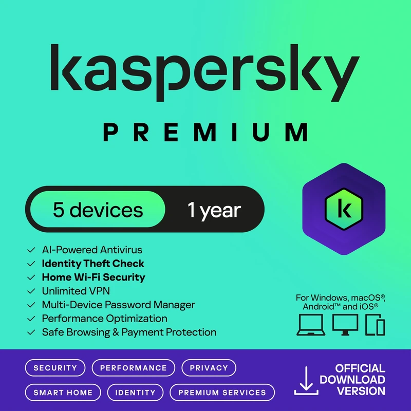 Kaspersky Premium Total Security 2026 | 5 Devices | 1 Year | Anti-Phishing and Firewall | Unlimited VPN | Password Manager | Parental Controls | 24/7 Support | PC/Mac/Mobile | UK Online Code
