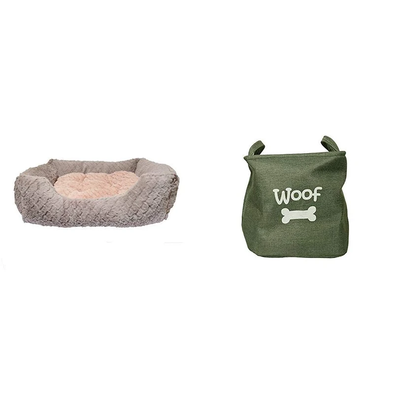 Rosewood luxury large square dog bed, soft and comfortable swirl fur with reversible cushion inside with Rosewood Canvas Pet Toy Basket/Dog Toy Box Storage, Forest Green, 33x27cm
