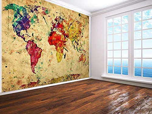vgoltd Vintage World Map, Colorful Paint, Retro Photo Wallpaper Wall Mural (19290383) (220gsm Premium, XL 190cm Wide x 148cm high)