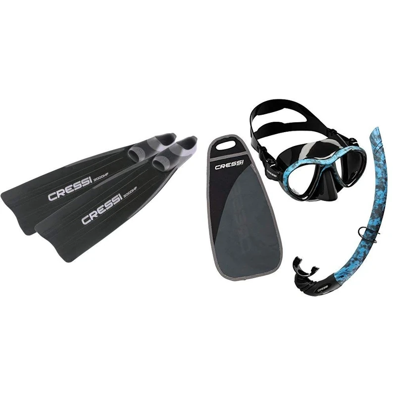 Cressi Gara 2000 HF High-Performance Long Blade Fins with Unisex Metis & Corsica Snorkeling Combo Set, Blue Camouflage
