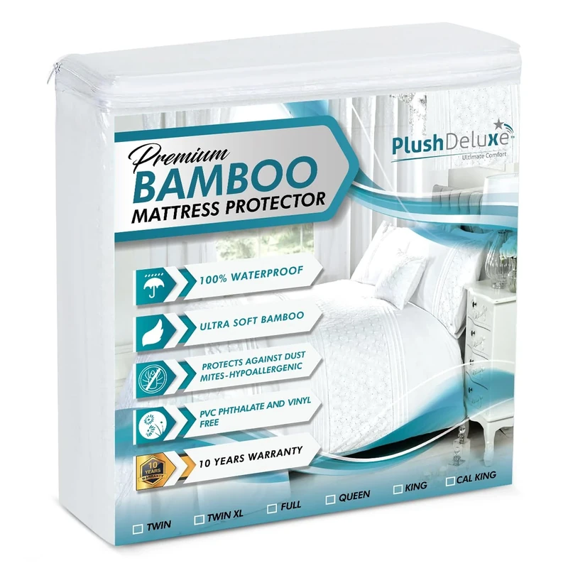 PlushDeluxe Bamboo Mattress Protector Waterproof, Hypoallergenic & Ultra Soft Breathable Cover & Protection - Free PVC, Phthalate (Super King)
