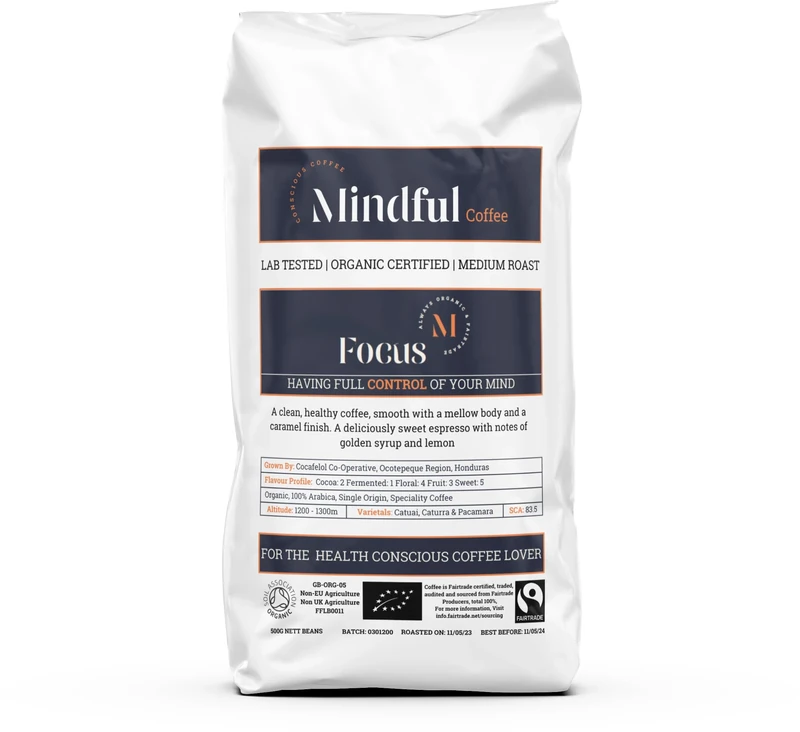 Mindful Coffee - Focus 500g| Organic Clean Ground Coffee| Lab Tested - Mycotoxin Free| Freshly Roasted |Single Origin Speciality|Filter Machine Grind