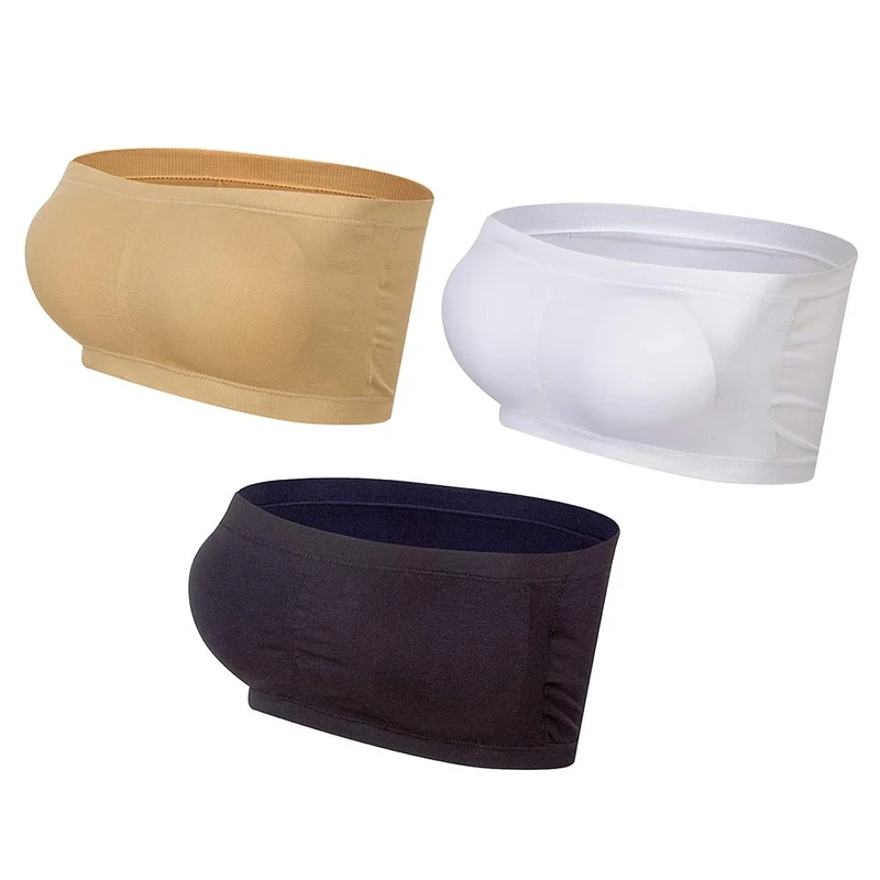 Lemef Women Seamless Bandeau Strapless Bras Stretch Tube Top with Removable Pads, Black&white&nude, S