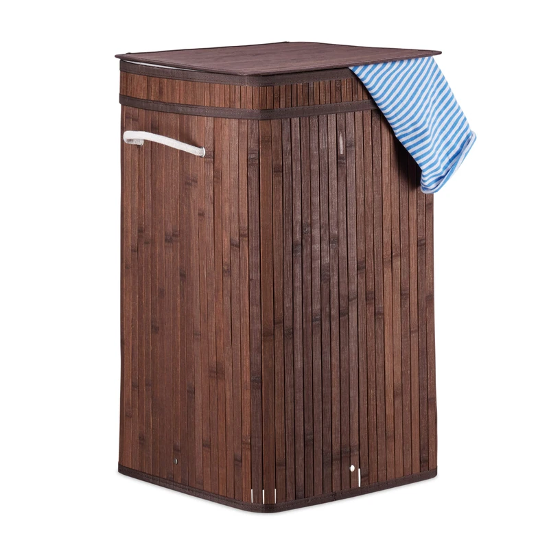 Relaxdays Brown Bamboo Pop-Up Laundry Hamper, Handle, Portable, 70 L Load, Square Laundry Bag, HxØ: 63 x 36 cm