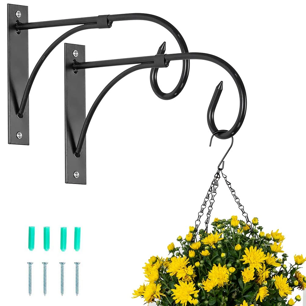 NUPTIO 2 Pcs Hanging Basket Brackets: Outdoor Metal Garden Hooks for Wall Hanging Plants, Fence Lanterns, Bird Feeders Hanger - Black