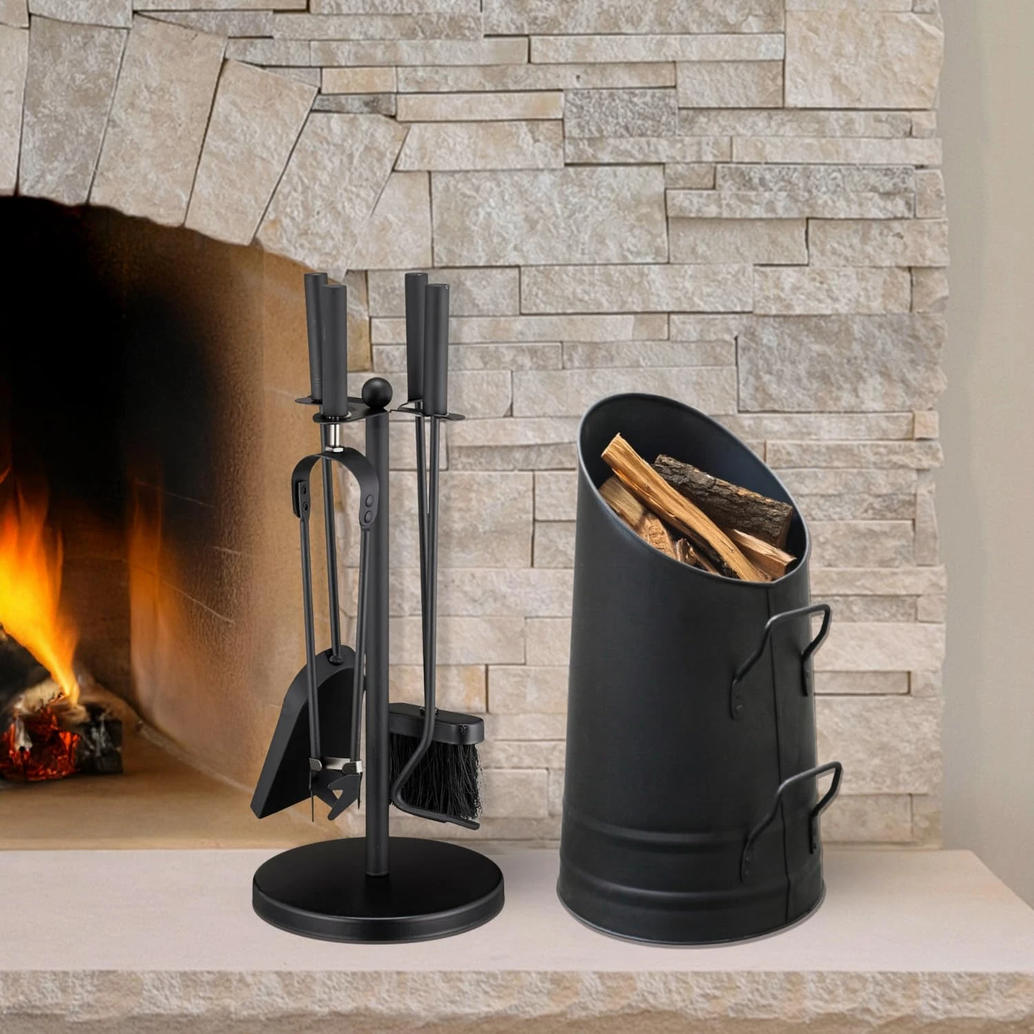 HomeZone 5pc Fireplace Companion Set with Large coal bucket Heavy Duty Metal Bucket Companion Sets for Log Burners Fireplace Tool Set Black Powder Coated Buckets Fireside Accessories