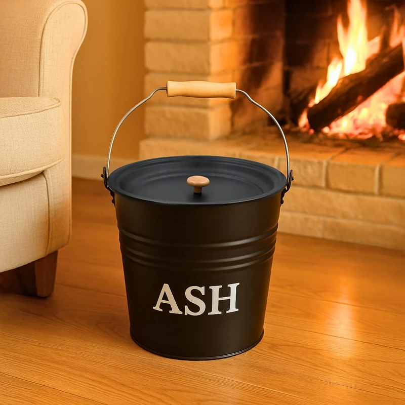 HomeZone 12L Ash Bucket With Lid For Log Burner And Woodburner Fireplace Accessories Heavy Duty Metal Buckets For Hot Ash With Wooden Handle Large Fireside Black Bucket With Lid Log Burner Accessories