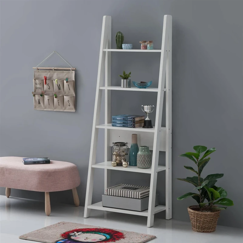 Timber Art Design UK Riva 5 Tier Bookcase Open Ladder Shelf Retro Contemporary Organizer Display Shelving Unit for Modern Living Room, Office Space Scandinavian, White - W64cm x H175.4cm x D36.7cm