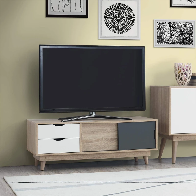 Timber Art Design UK TV Unit Stand Alford Scandinavian TV Cabinet Storage With 2 Drawers Stores Media Devices Modern Furniture Living Room, Bedroom, Sonoma Oak Finish - W120cm x H45cm x D45cm