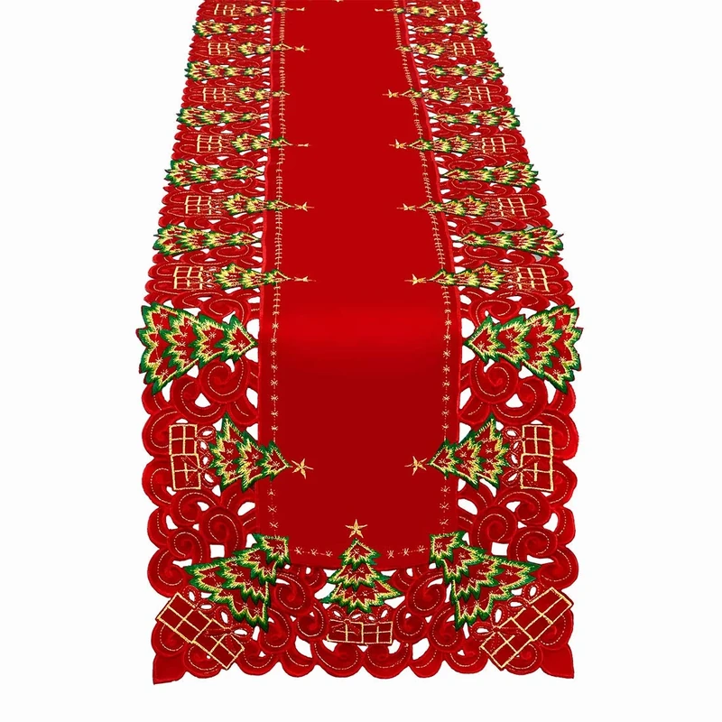 Grelucgo Embroidered Christmas Holiday Holly Tree Table Runner And Dresser Scarf, Rectangular 15 x 90 Inch