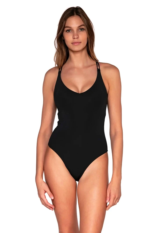 Sunsets Women's Veronica V-Neck One Piece Swimsuit with Removable Cups, Black, Large