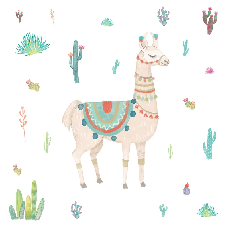 RoomMates Watercolor Llama Peel and Stick Giant Wall Decals, Tan, Green, Blue, 1 Sheet 36.5 Inches X 17.25 Inches / 1 Sheet at 9 Inches X 36.5 Inches - RMK3839GM - Image 1