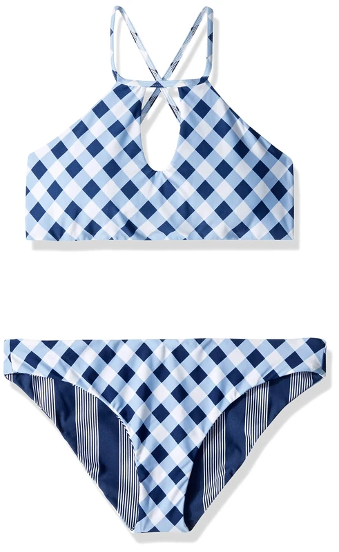 Splendid Girls' Big High Neck Top & Retro Bikini Bottom Swimsuit Set, Breaking Plaid Navy, 7 - Image 1