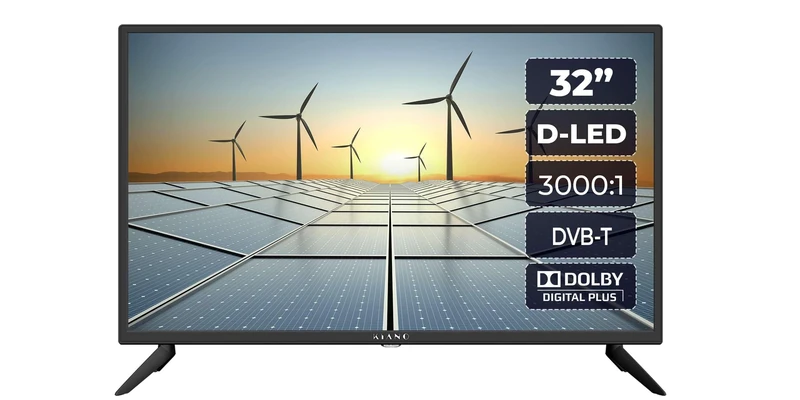 Kiano HD Slim TV 32", 1366x768 Resolution, 200 cd/m² Brightness, 60W Low Power Consumption, USB PVR Playback/Recording, Hotel Mode, Dolby & Digital Plus Audio, Channel Guide