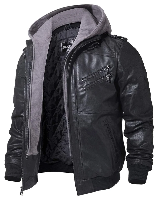 FLAVOR Men's Real Leather Jacket with Removable Hood Brown Genuine leather, L, Black