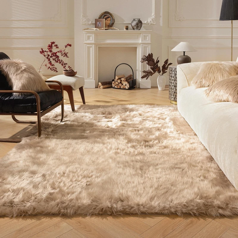 Ashler HOME DECO Soft Faux Rectangle Fur Chair Couch Cover Beige Area Rug for Bedroom Floor Sofa Living Room Rectangle 3 x 5 Feet